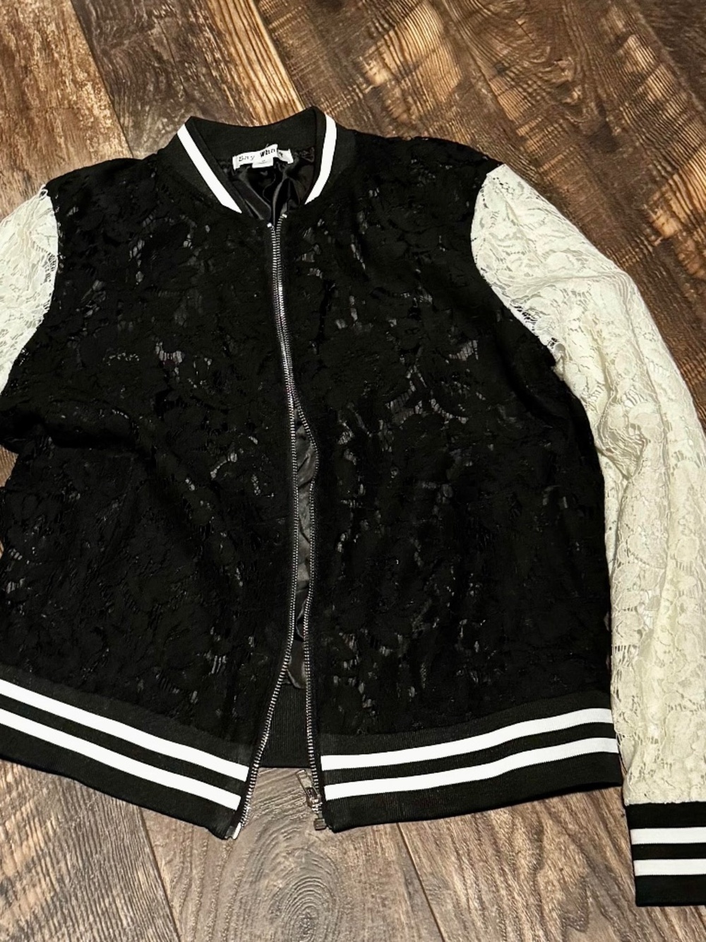 Say What? Black & White Floral Lace Varsity Bomber Jacket - Size Medium